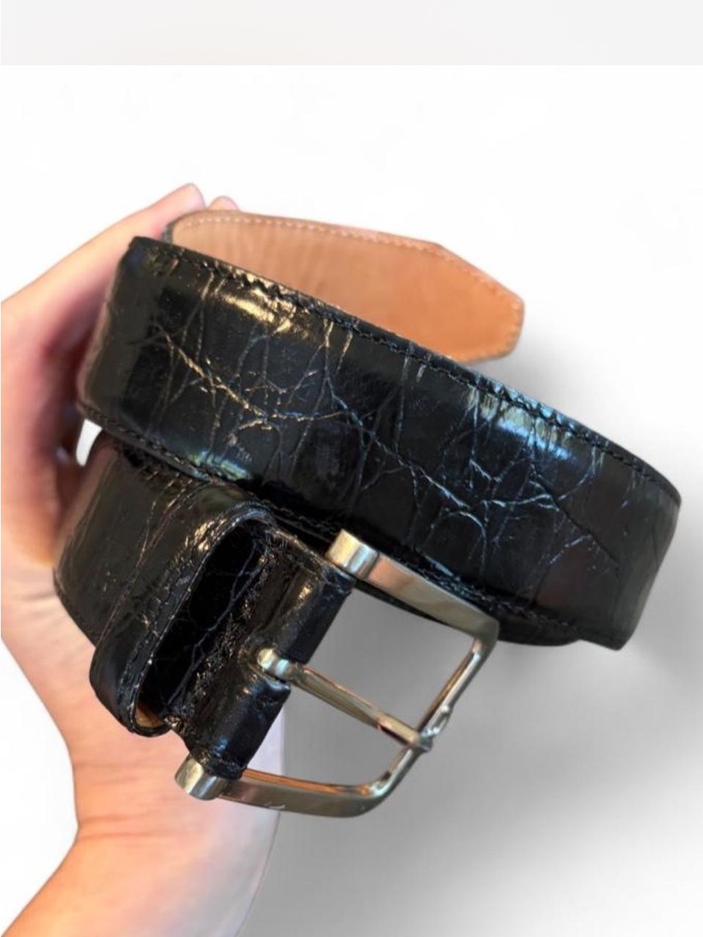 Martin Dingman Black alligator grain calf leather belt with silver buckle 32